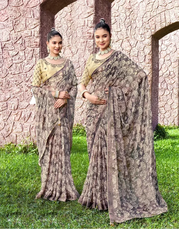 Gray Chiffon Brasso Saree