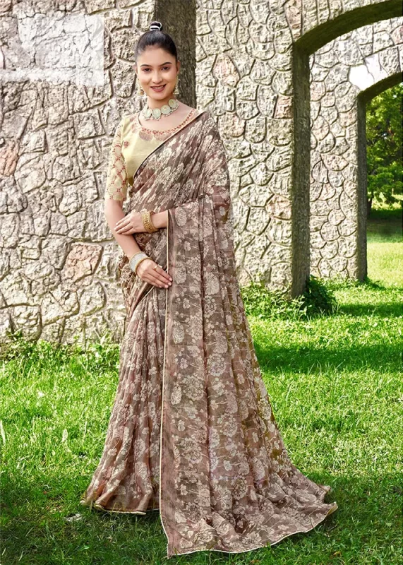 Light Brown Chiffon Brasso Saree