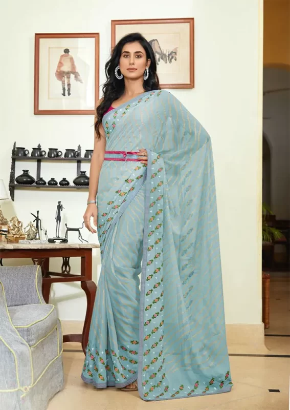 Green Light Gray Chiffon Saree