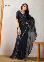 black leheriya chiffon saree with fancy blouse & weaving border