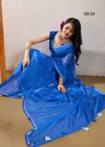 blue leheriya chiffon saree with fancy blouse & weaving border