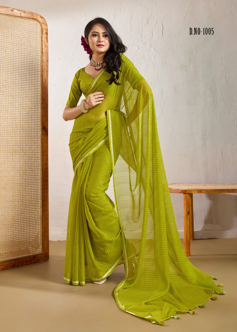 mehendi leheriya chiffon saree with fancy blouse & weaving border