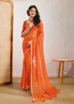 orange leheriya chiffon saree with fancy blouse & weaving border