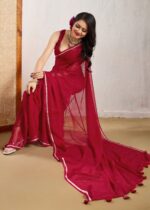 red leheriya chiffon saree with fancy blouse & weaving border