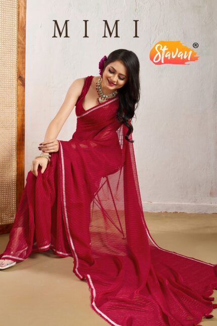 red leheriya chiffon saree with fancy blouse & weaving border