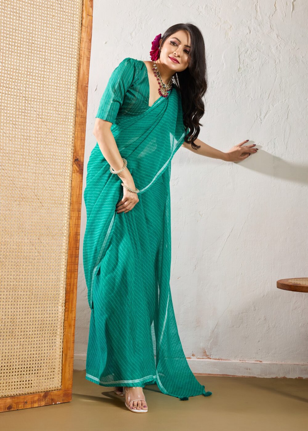teal green leheriya chiffon saree with fancy blouse & weaving border