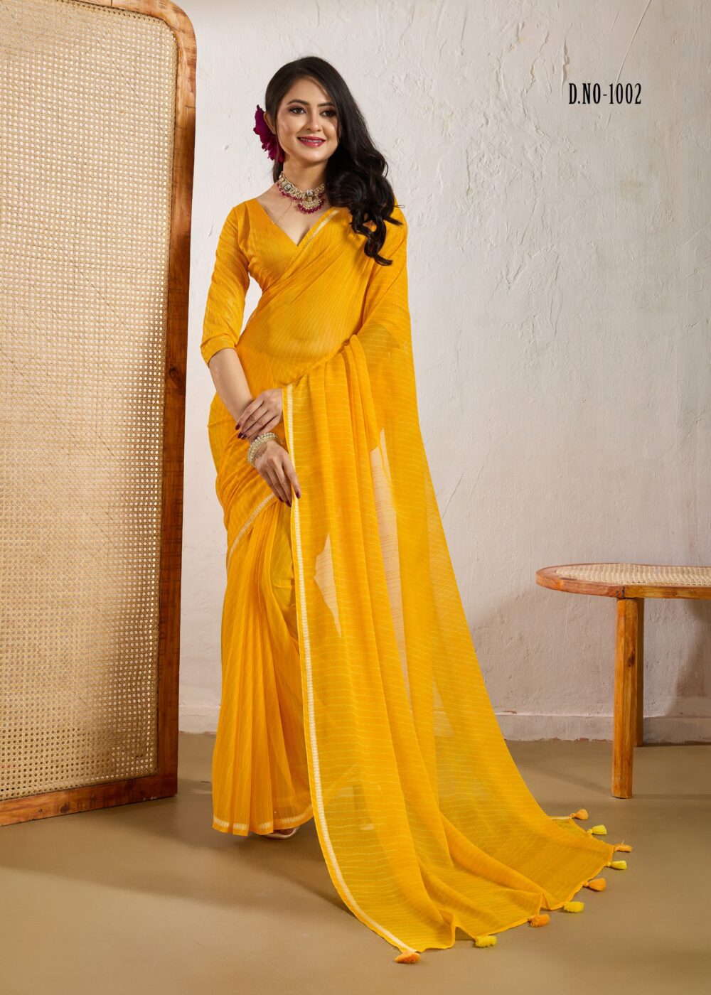 yellow leheriya chiffon saree with fancy blouse & weaving border