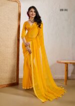 yellow leheriya chiffon saree with fancy blouse & weaving border